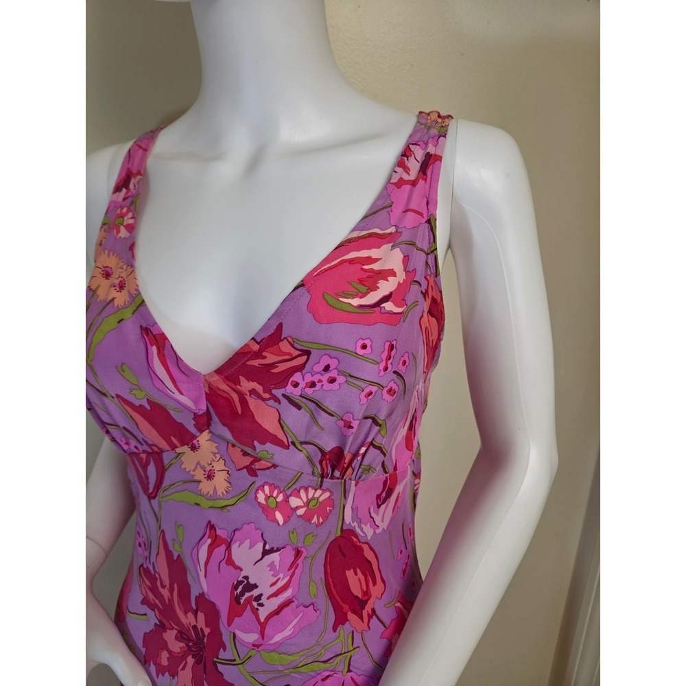 Betsey Johnson Vintage Y2K Pink Floral Silk Slip Dress Ruffle Hem Petite L - Picture 5 of 14